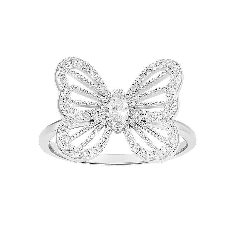 PRIMROSE Sterling Silver Cubic Zirconia Openwork Butterfly Ring, Womens Grey Product Image