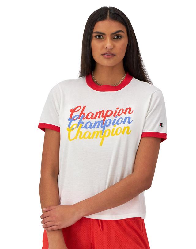 Womens Champion Ringer T-Shirt, Triple Script Logo White/Solar Crimson XS Product Image