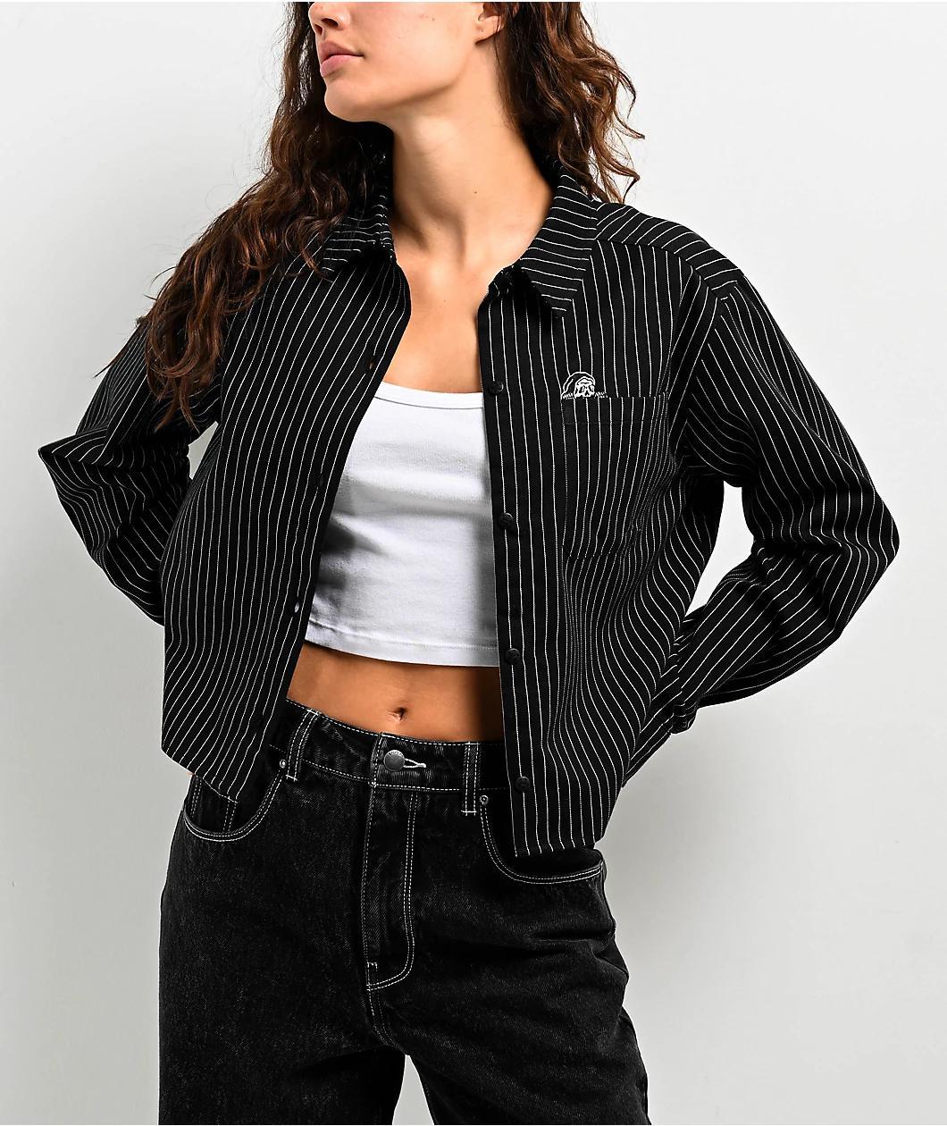 Lurking Class By Sketchy Tank Lurker Stripe Black & White Long Sleeve Crop Button Up Shirt Product Image