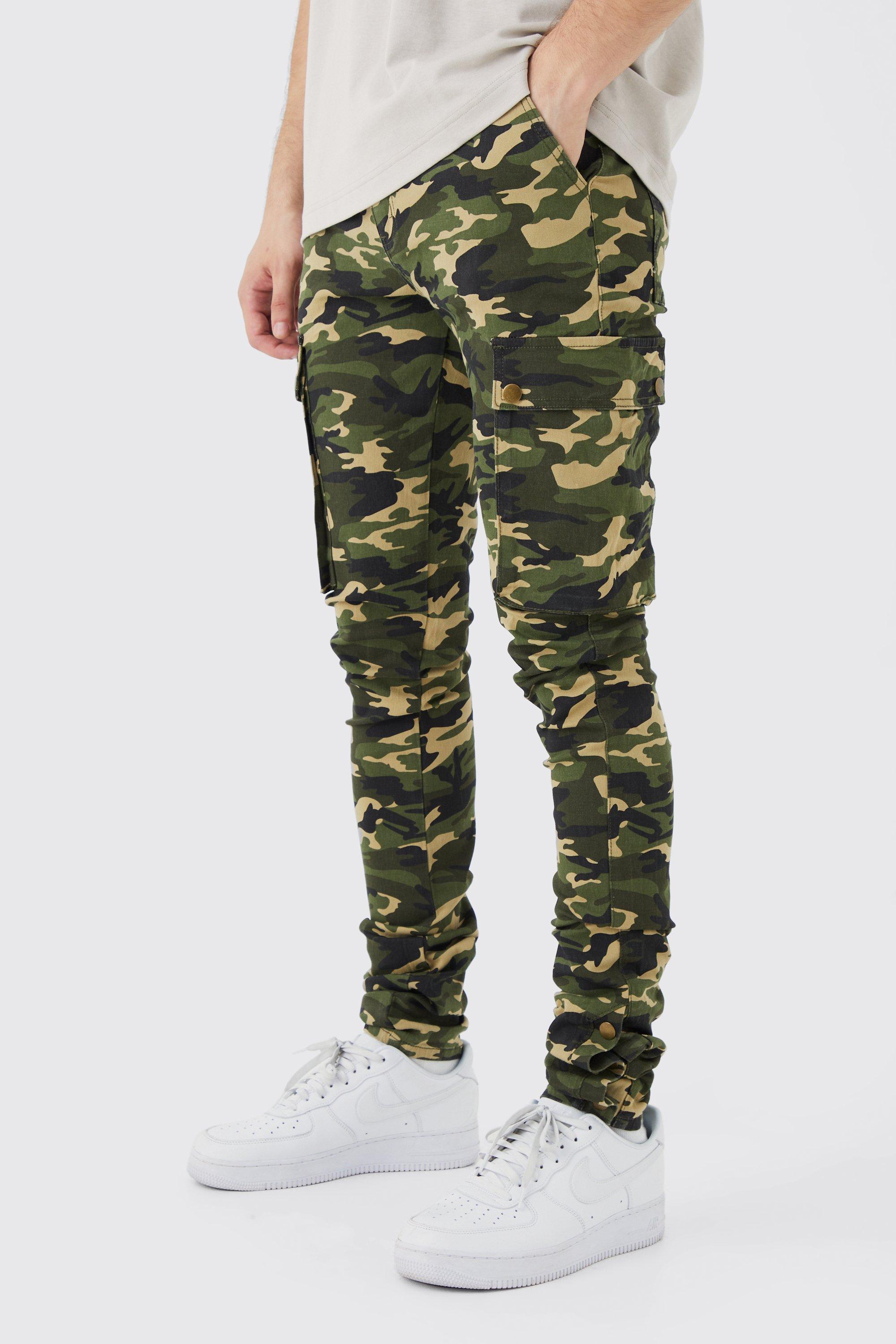 Tall Skinny Stacked Popper Hem Camo Cargo Pants | boohooMAN USA Product Image