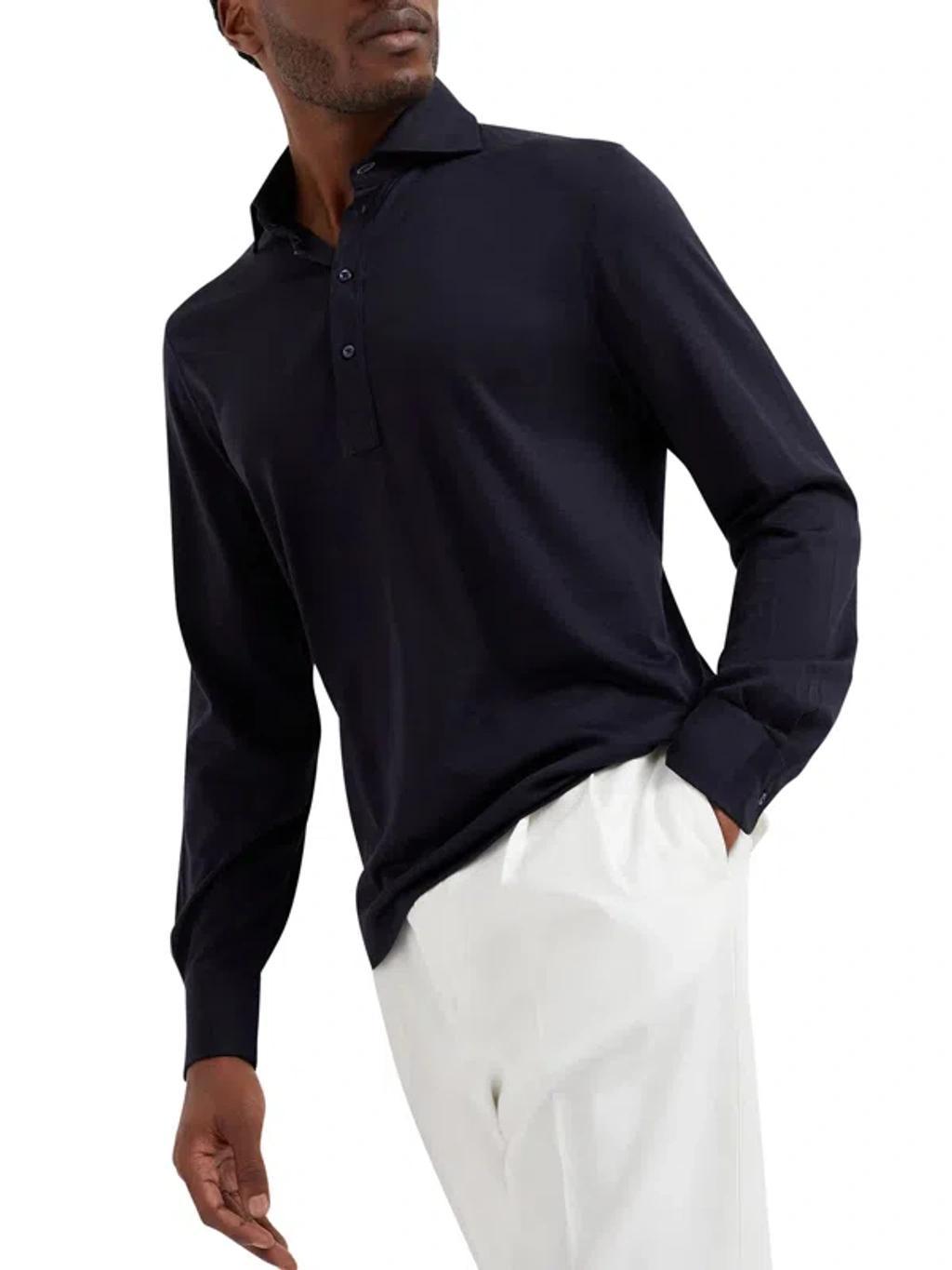 BRUNELLO CUCINELLI Long-sleeve Polo Shirt In Blue Product Image