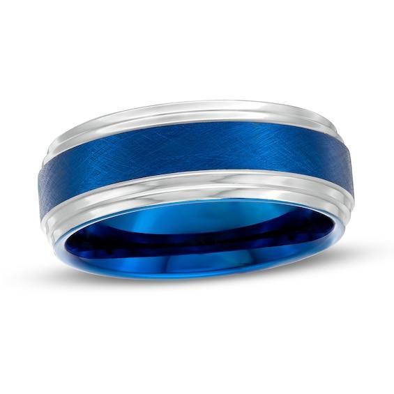 Men's 8.0mm Double Stepped Edge Comfort-Fit Engravable Wedding Band in Tungsten and Blue IP (1 Line) Product Image