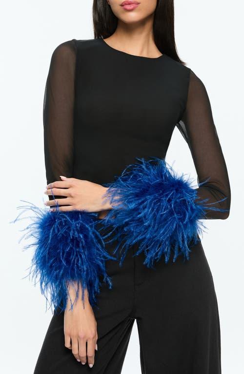 ALICE AND OLIVIA Delaina Mesh Feather Cuffed Long Sleeve Top In Black/royal Product Image