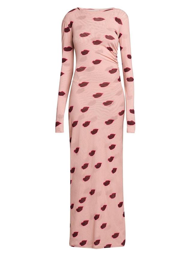 Womens Lips Mesh Long-Sleeve Maxi Dress Product Image