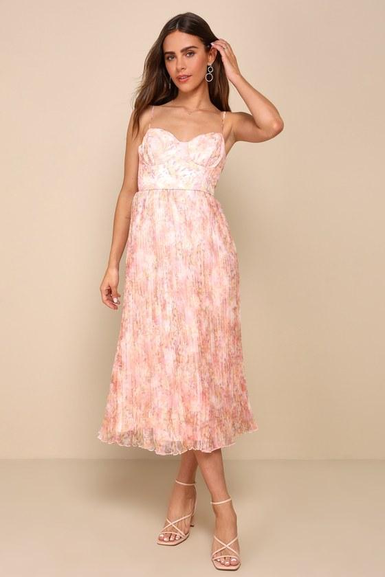 Finest Endeavor Blush Pink Floral Pleated Bustier Midi Dress Product Image