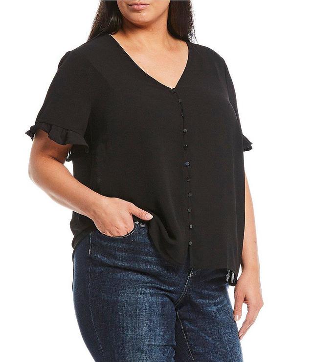 Cece V Neck Short Ruffle Sleeve Button Blouse Product Image