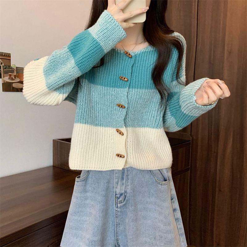 Round Neck Color Block Toggle Cardigan Product Image