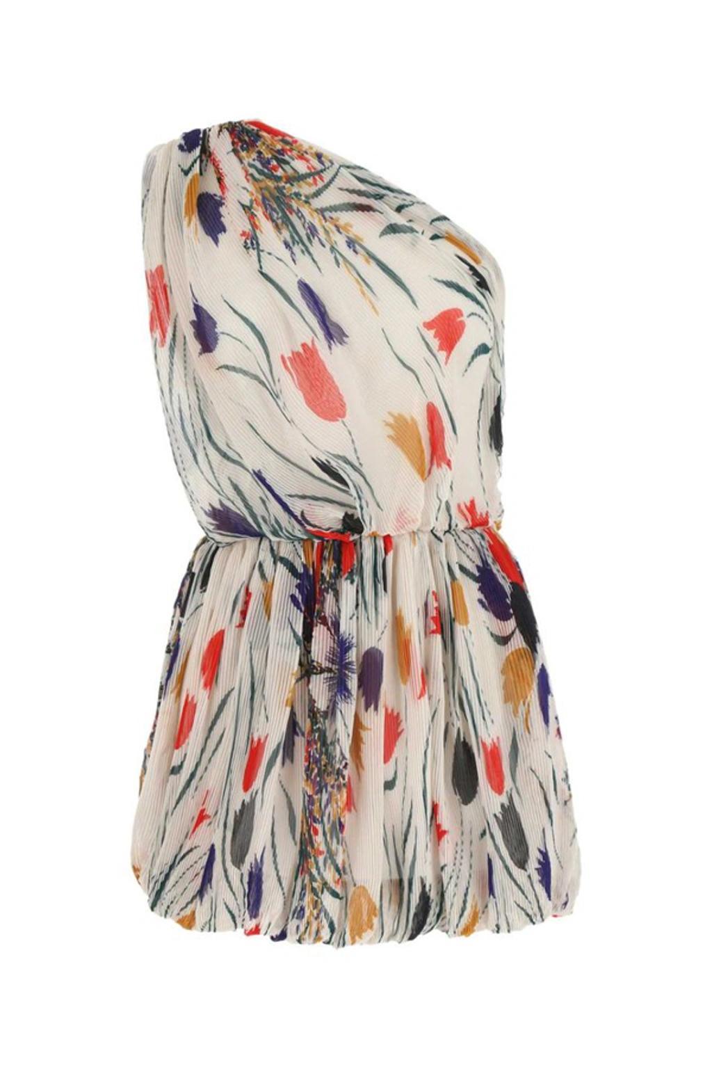 Tulip-print Plisse One-shoulder Mini Dress In Multicolor Product Image