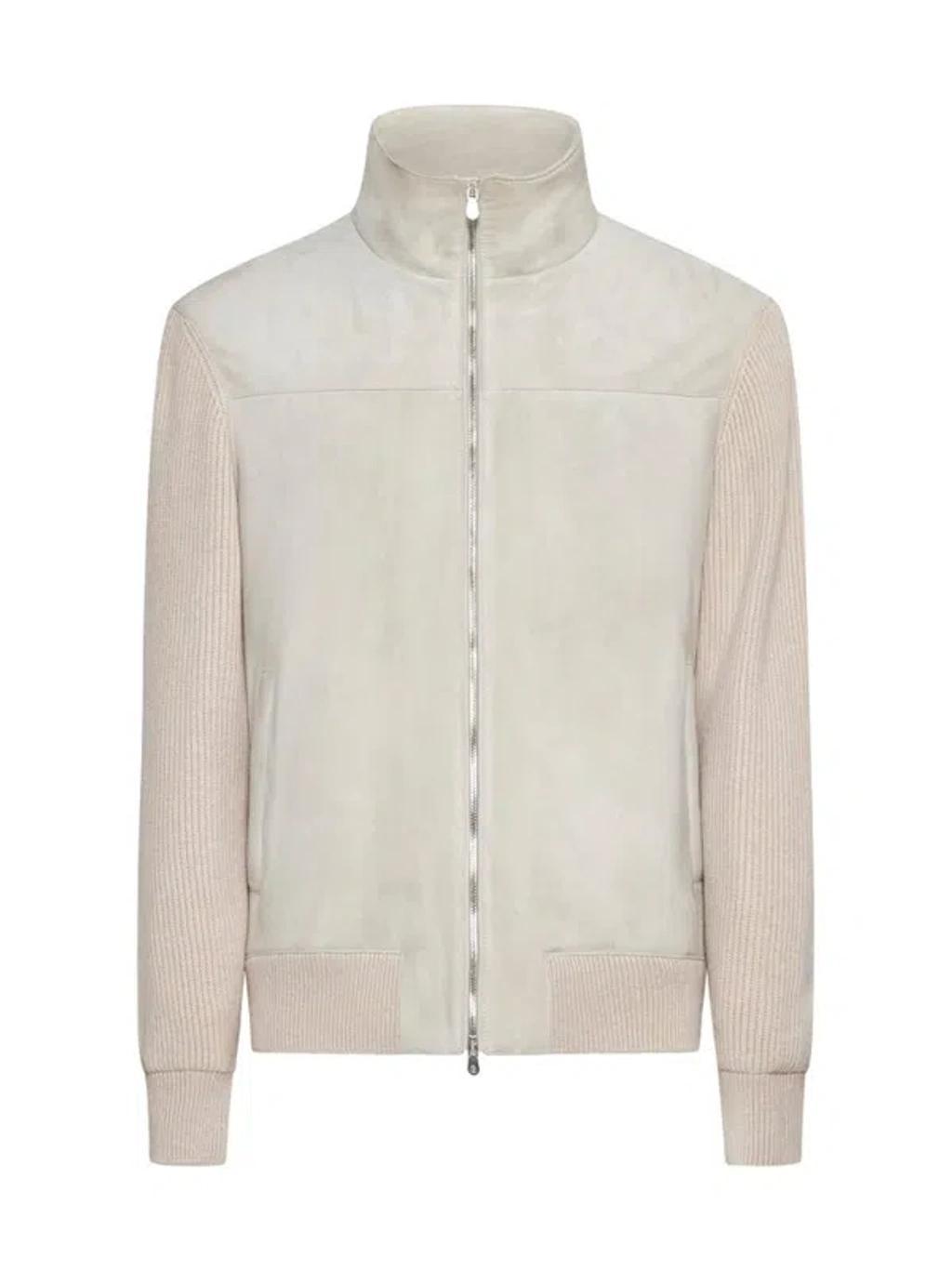 Panelled Zipped Padded Jacket In Beige Product Image