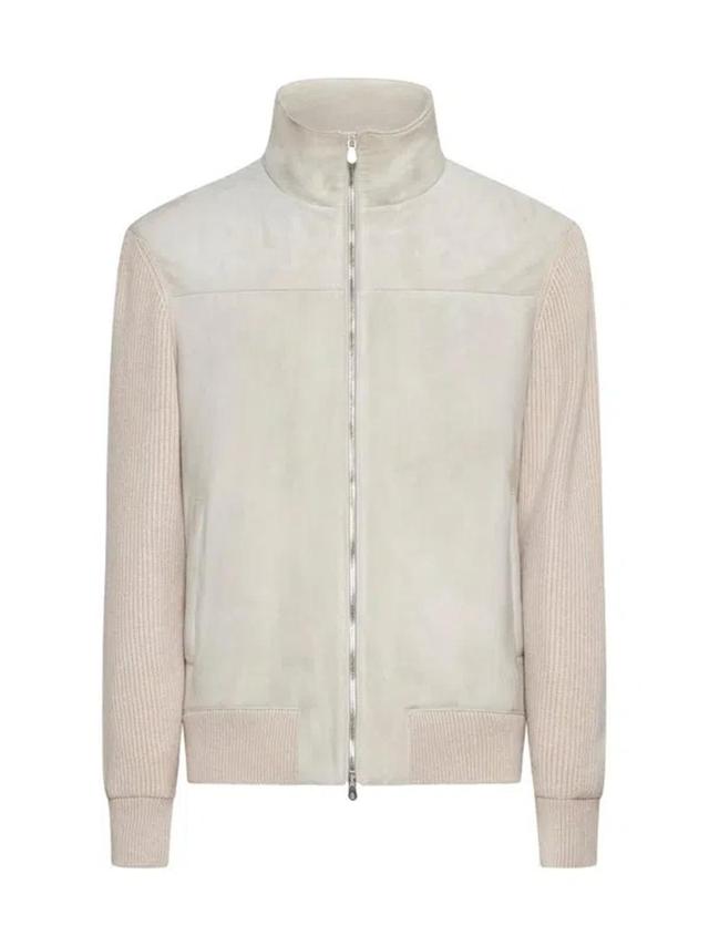 Panelled Zipped Padded Jacket In Beige Product Image