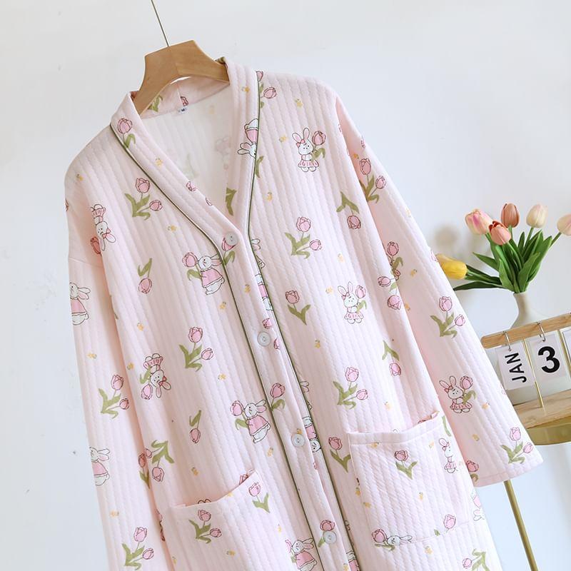 V-Neck Print Long Pajama Robe Product Image