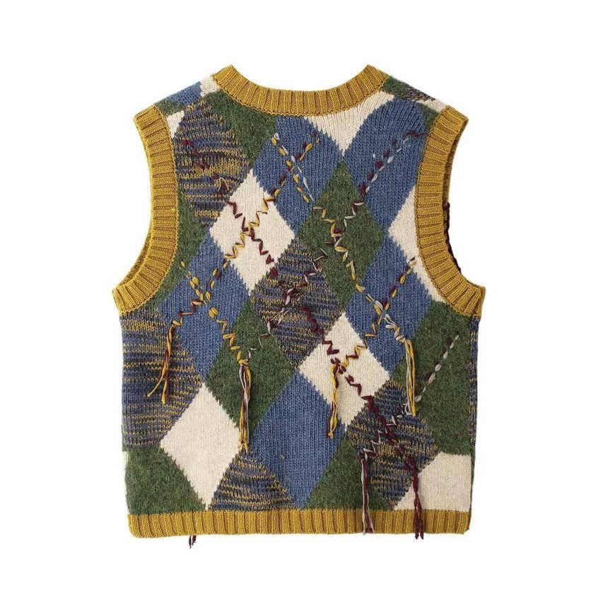 V-Neck Plaid Contrast Stitching Sweater Vest Product Image