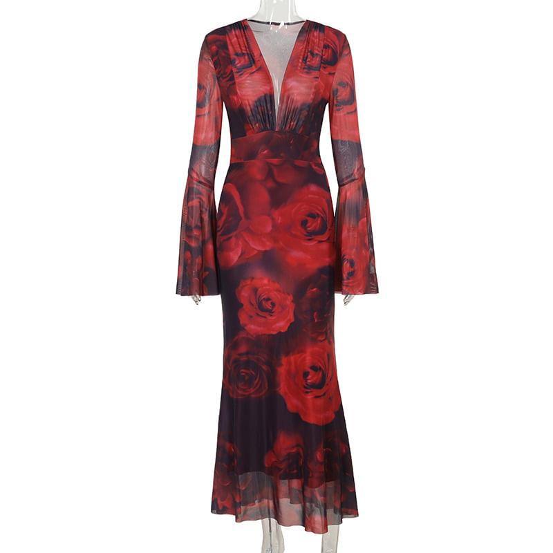 Bell Sleeve V-Neck Floral Print Mesh Maxi A-Line Dress Product Image