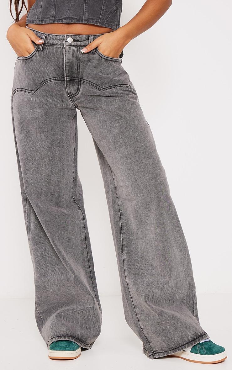 Washed Grey Western Detail Wide Leg Jeans Product Image