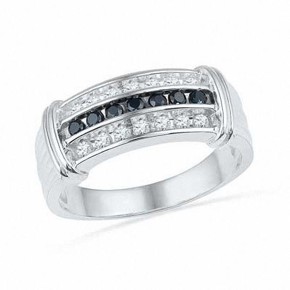 Men's 1/2 CT. T.w. Enhanced Black and White Diamond Ring in 10K White Gold Product Image