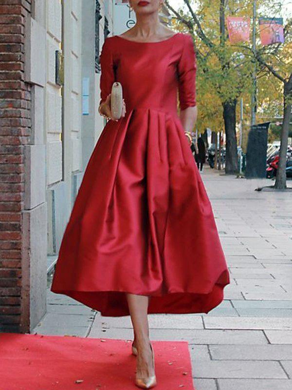 A-Line Loose Pleated Pockets Solid Color Split-Joint Round-Neck Midi Dresses Product Image