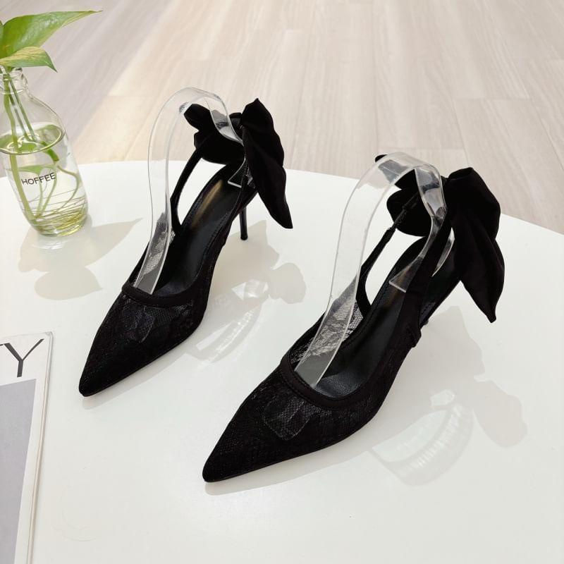 Stiletto Pointed Toe Bow Accent Lace Slingback Sandals Product Image