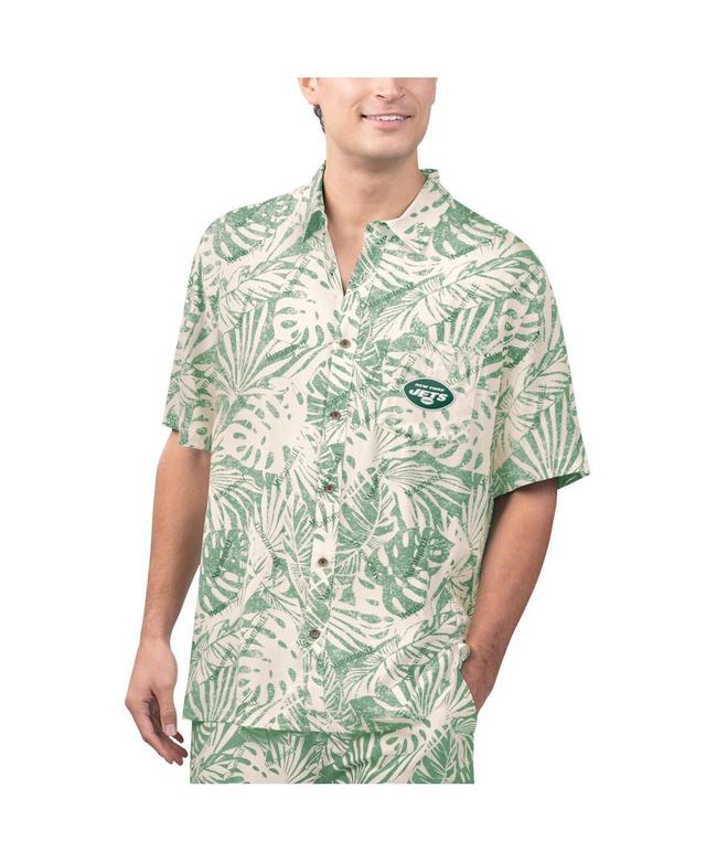 Mens Margaritaville Tan New York Jets Sand Washed Monstera Print Party Button-Up Shirt Product Image