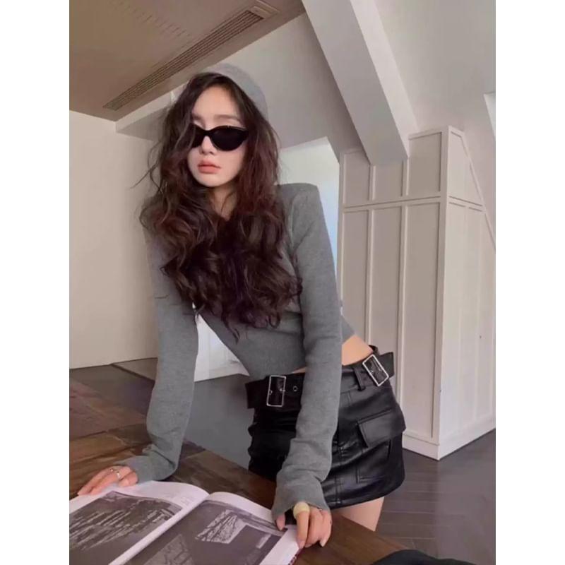 Long-Sleeve Henley Plain Hooded Crop Knit Top Product Image