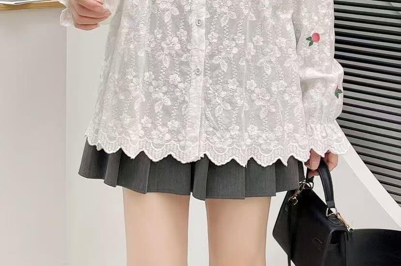 Long Sleeve Band Collar Flower Embroidered Blouse Product Image