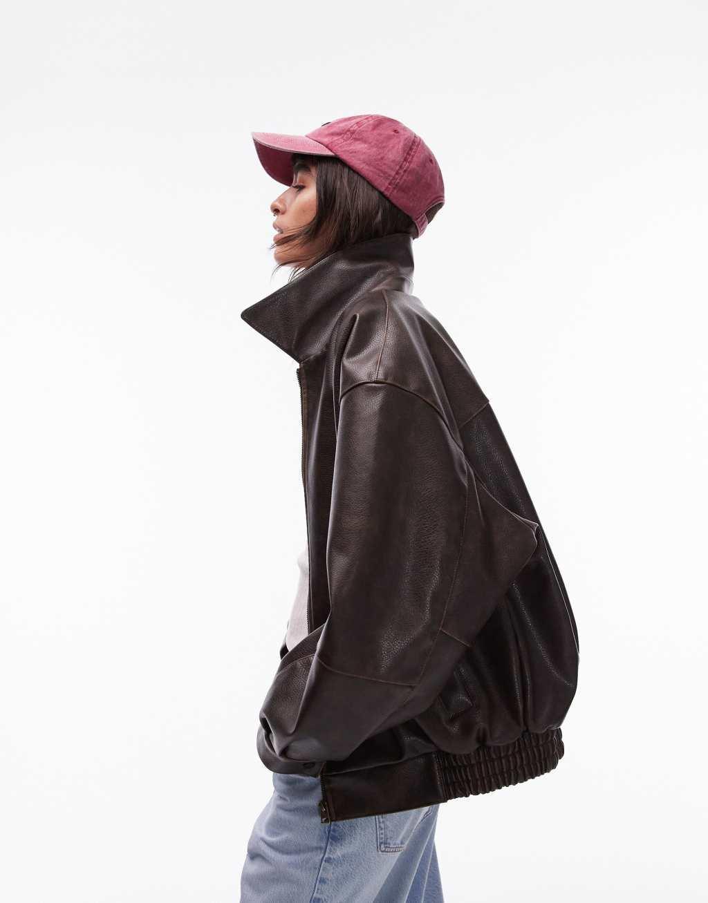 Topshop faux leather oversized bomber jacket in brown Product Image