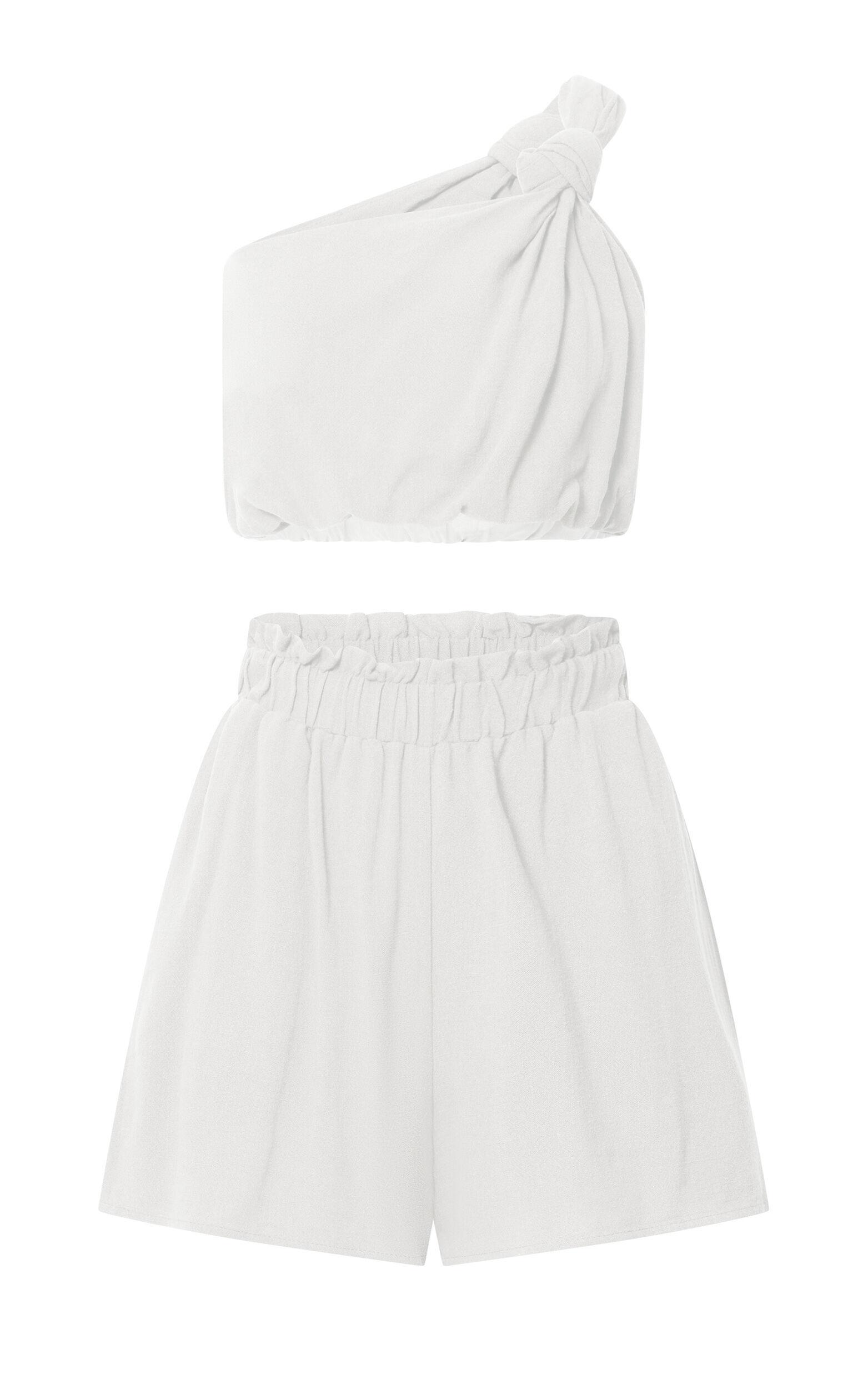 Raylene Two Piece Set - Linen Look Knotted One Shoulder Top and Paper Bag Waist Shorts in White Product Image