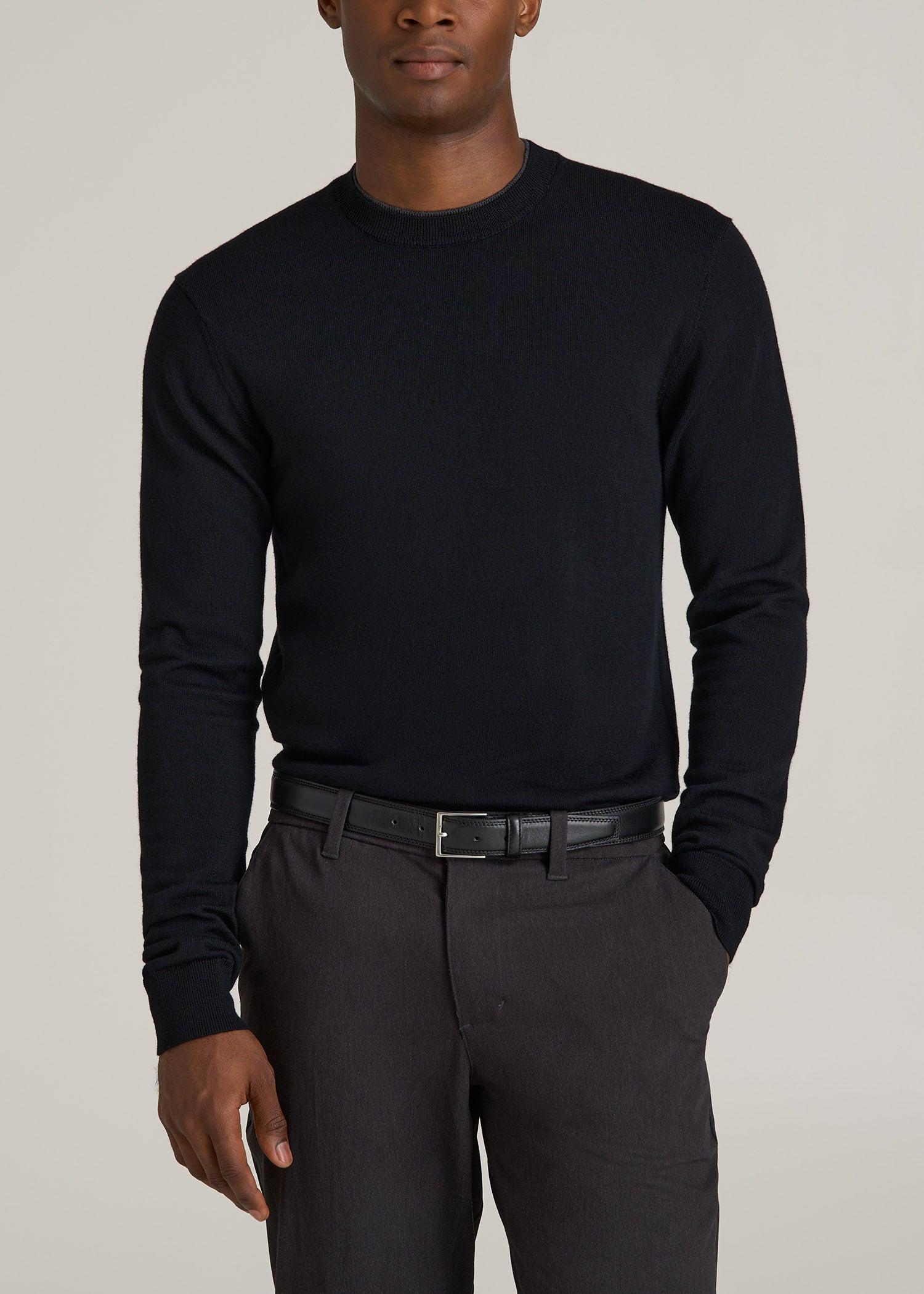 Merino Wool Crewneck Tip Sweater for Tall Men in Black Male Product Image