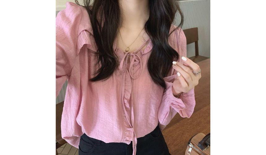 Long-Sleeve Tie-Neck Plain Frill Trim Blouse Product Image