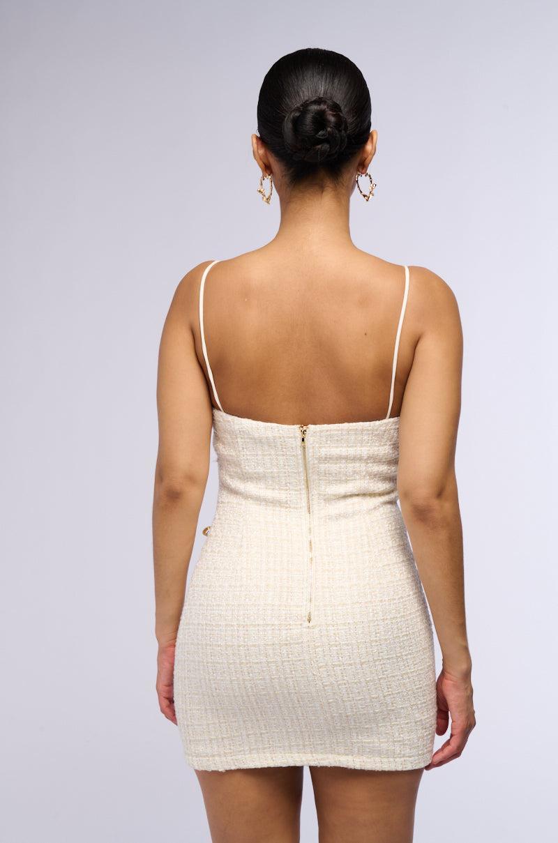 THINKING LESS PIN EMBELLISHED TWEED MINI DRESS IN WHITE Product Image