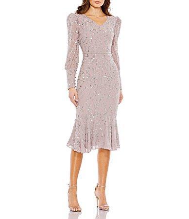 Mac Duggal Sequin V-Neck Long Sleeve Midi Dress Product Image