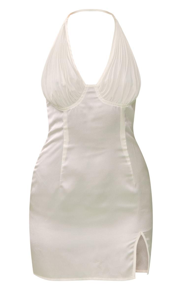 Cream Satin Pleated Bust Detail Halter Shift Dress Product Image