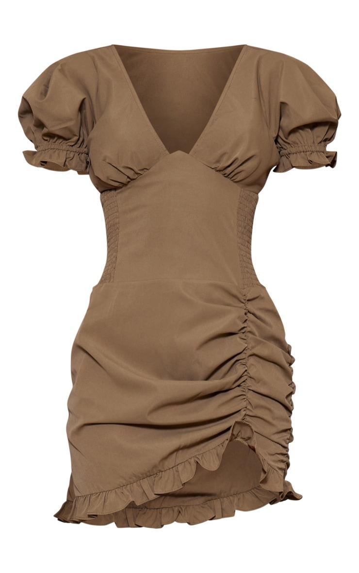 Khaki Woven Shirred Ruched Frill Bodycon Dress Product Image