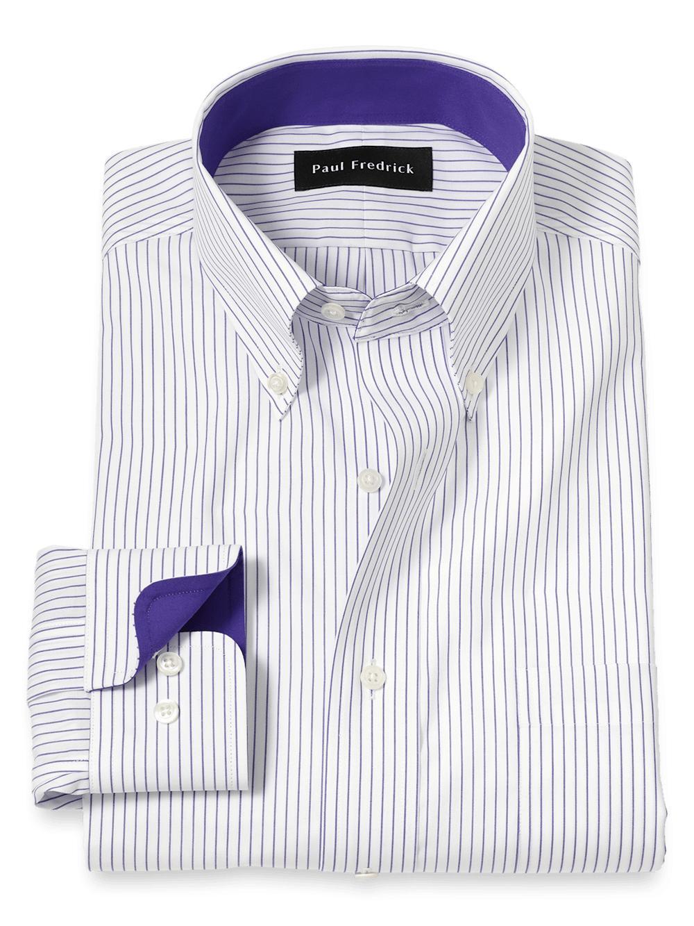 Non-Iron Cotton Stripe Dress Shirt With Contrast Trim - Purple Product Image