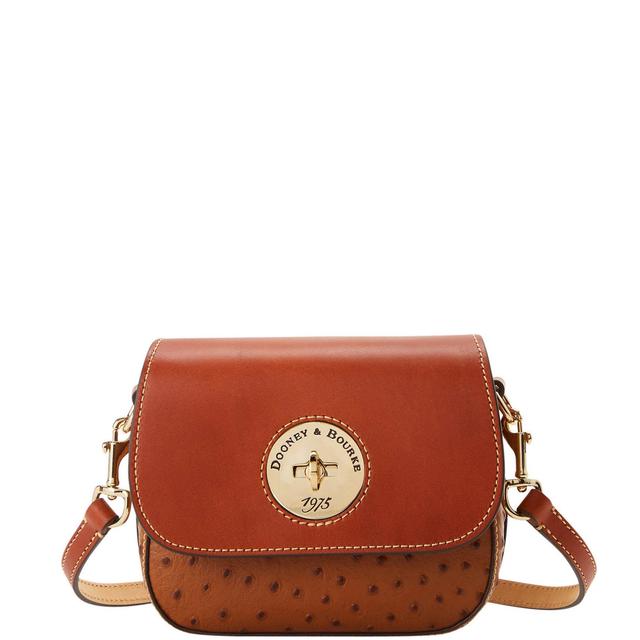 Dooney & Bourke Womens Ostrich Turnlock Flap Saddle Leather Crossbody Bag in Caramel Product Image