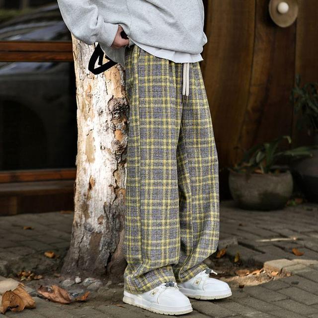 Drawstring Waist Plaid Wide Leg Pants Product Image