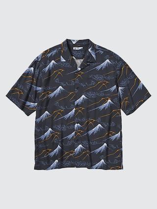 Mens Printed Open Collar Short-Sleeve Shirt (Hokusai) Navy XS UNIQLO US Product Image