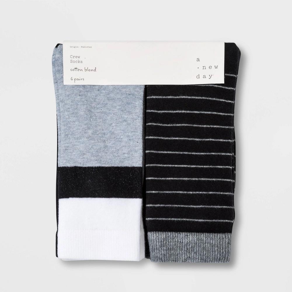 Women's Striped 6pk Crew Socks - A New Day™ Black/White/Gray 4-10 Product Image