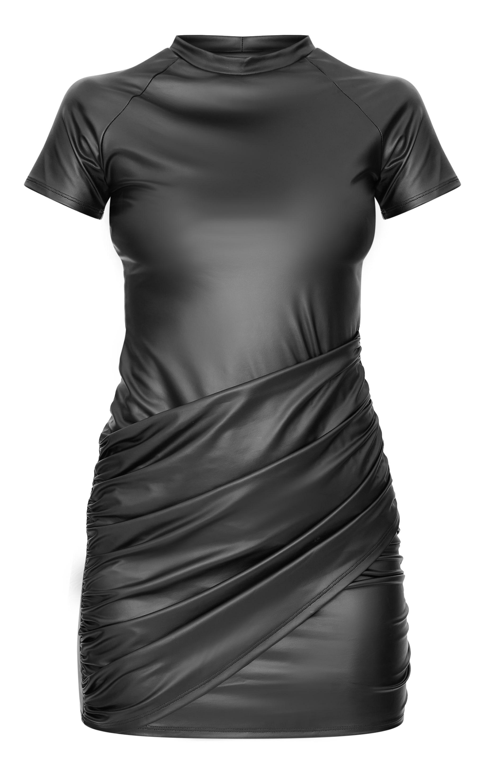 Black Faux Leather Wrap Over Skirt Mini Dress Product Image