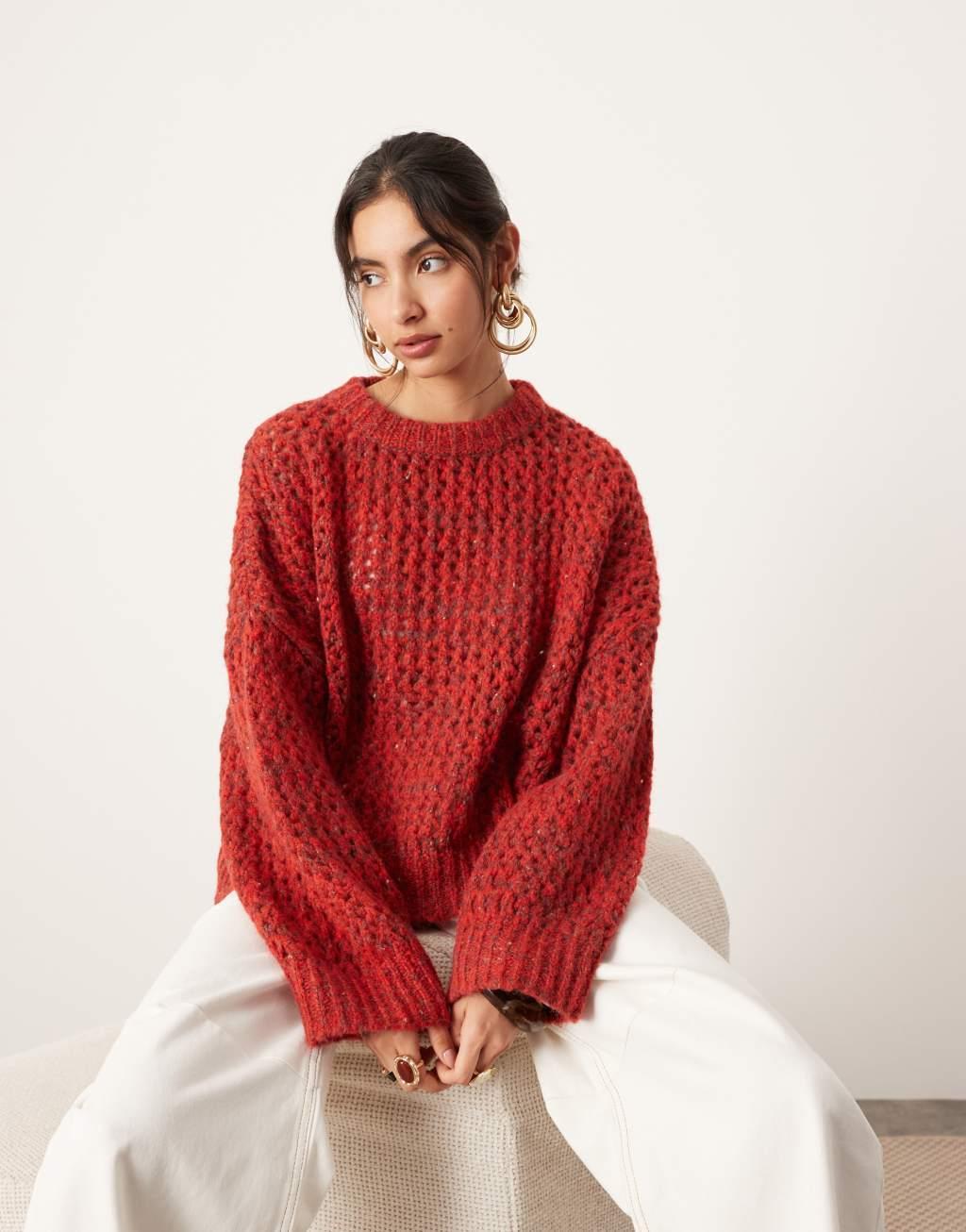 ASOS EDITION knitted open stitch oversized boxy sweater in red Product Image