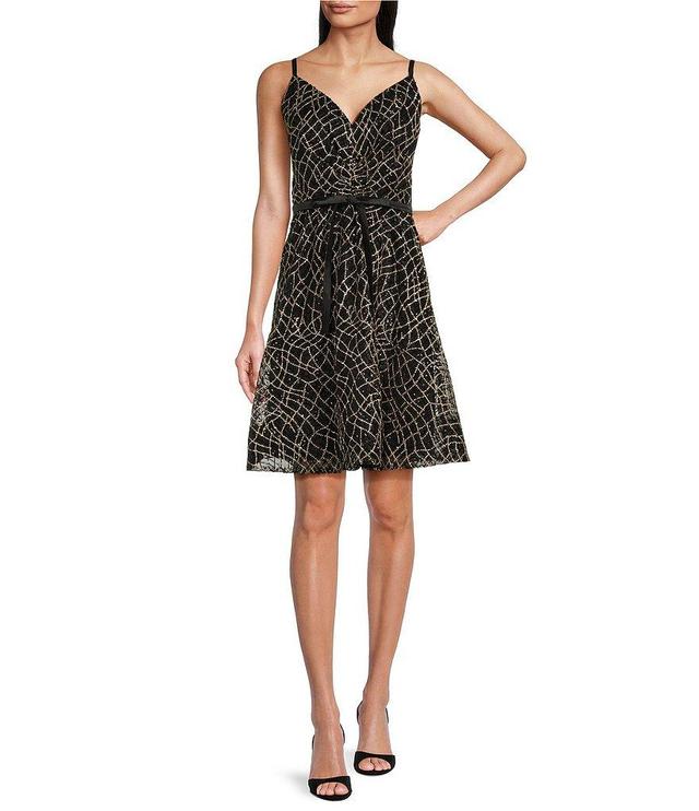 Calvin Klein Sleeveless V-Neck Sequin Mesh Short A-Line Dress Product Image