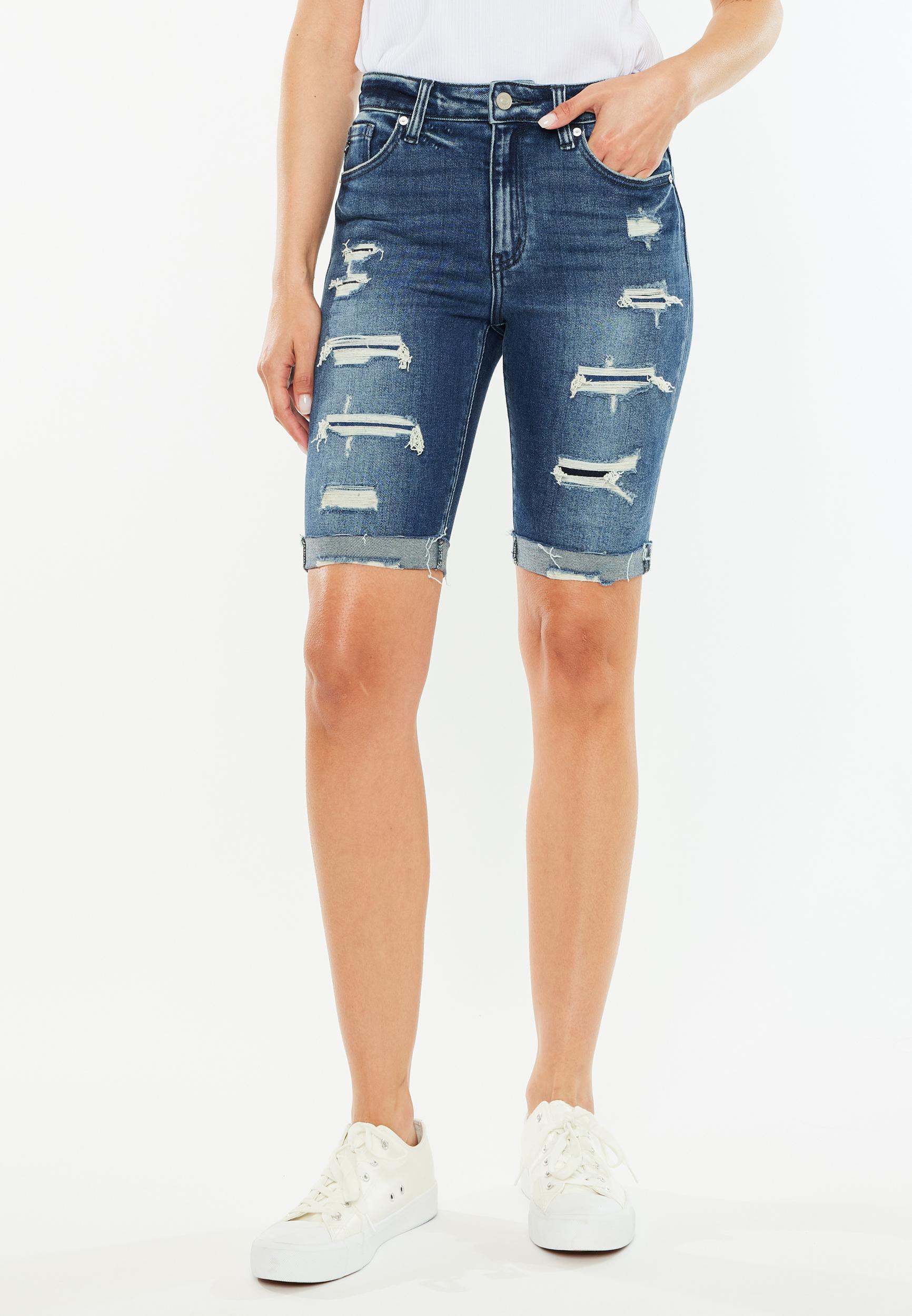 Kancan Kancan Womens High Rise Dark Wash Ripped Cuff Hem 10In Bermuda Jeans Shorts Blue Size 31 - Maurices Product Image