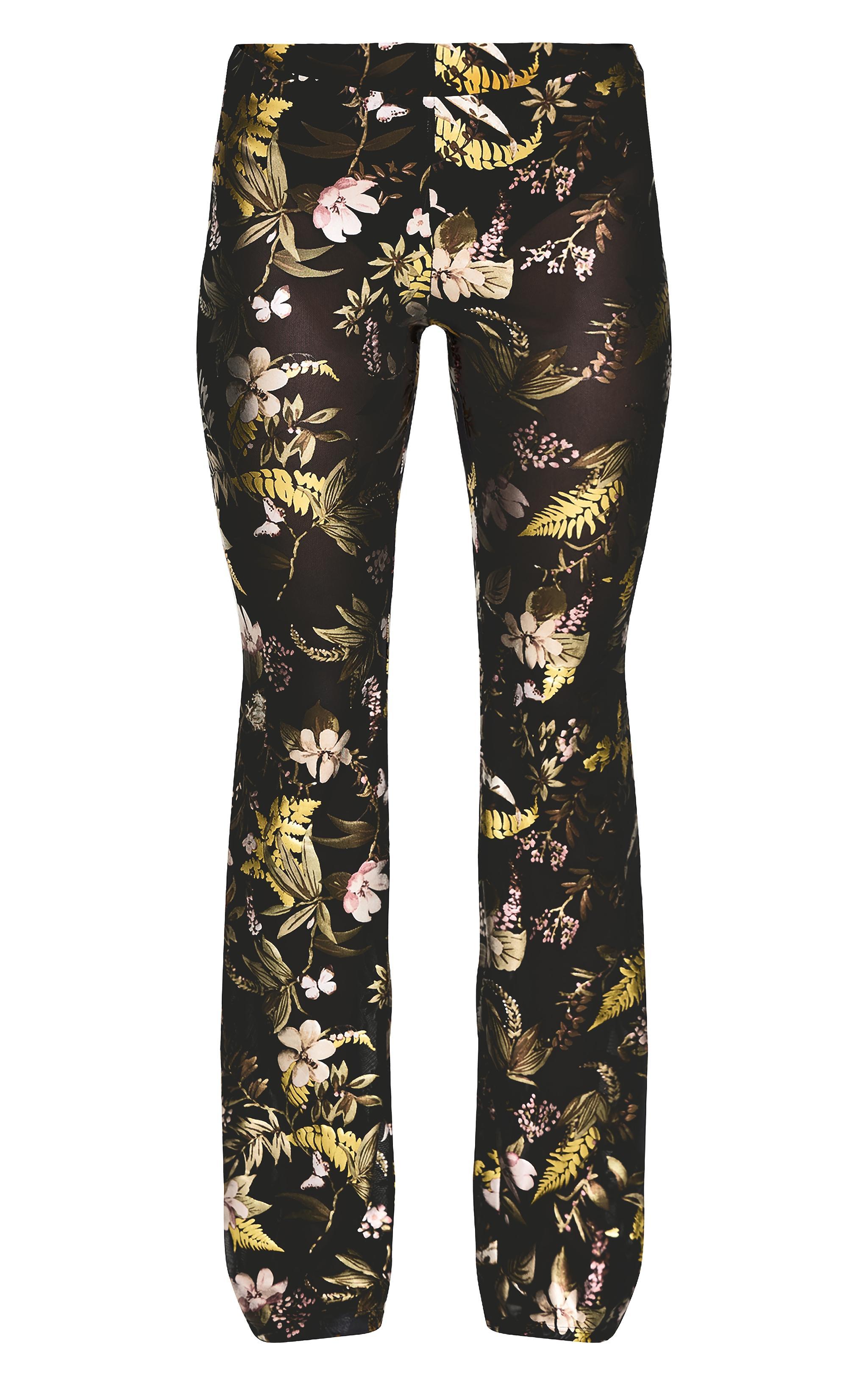 Black Floral Foil Printed Mesh Flare Pants Product Image