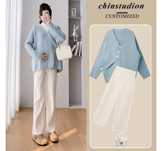 Maternity V-Neck Plain Button Sweater / Elastic Waist Plain Straight Leg Pants / Set Product Image