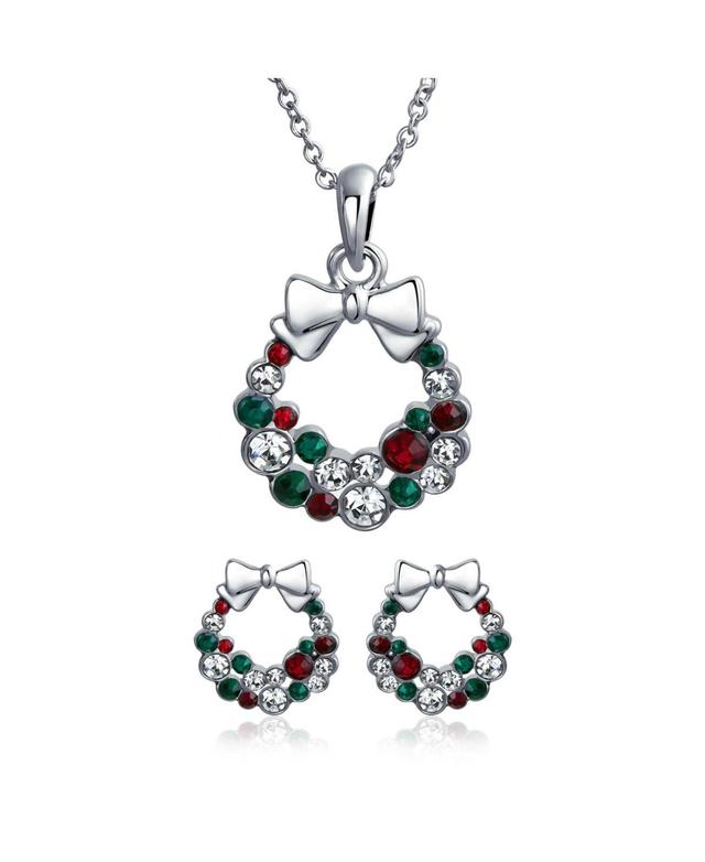 Bling Jewelry Fashion Sparkling Christmas Bow Red Green White Crystal Holiday Wreath Pendant Necklace Stud Earrings Jewelry Set For Women Crystal - Mu Product Image