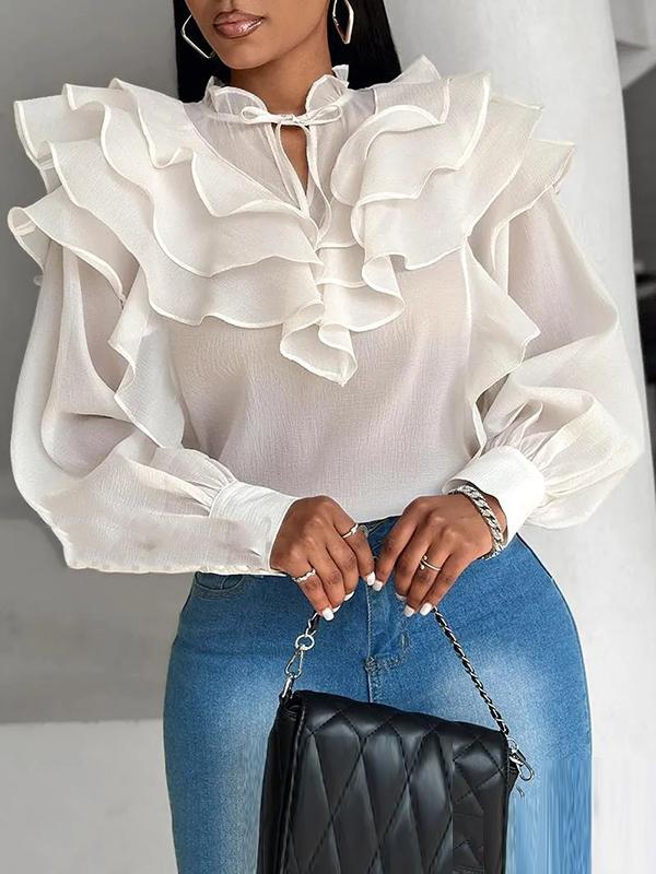 Loose Puff Sleeves Floral Gauze Lace-Up Pleated See-Through Solid Color Stand Collar Blouses Product Image