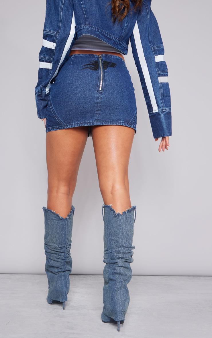 Mid Blue Wash Graphic Panelled Denim Mini Skirt Product Image