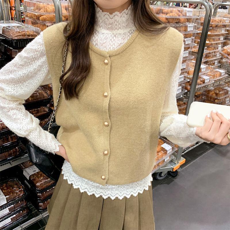 Round Neck Button Up Plain Sweater Vest Product Image