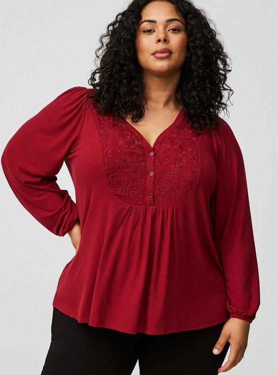 Textured Jersey V Neck Embroidered Long Sleeve Top Product Image