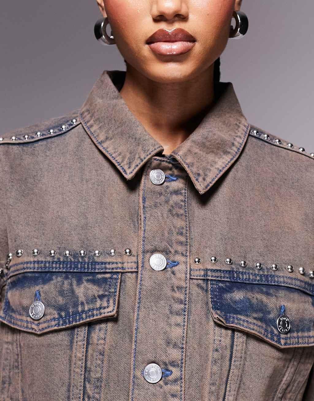 ASOS DESIGN denim western jacket with studs in brown wash - part of a set Product Image