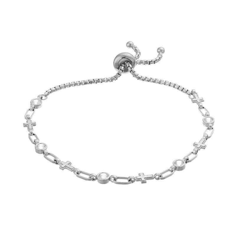 Kristen Kesho Sterling Silver Lab-Created White Sapphire & Cross Link Bracelet, Womens, Size: 9.50, Grey Product Image